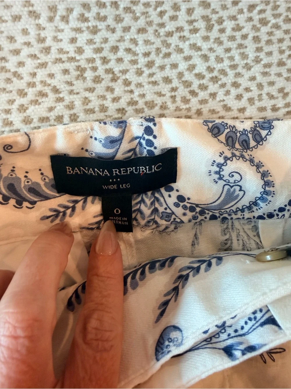 Linen Cotten blend- Wide-Leg Pants with Blue Scroll Print